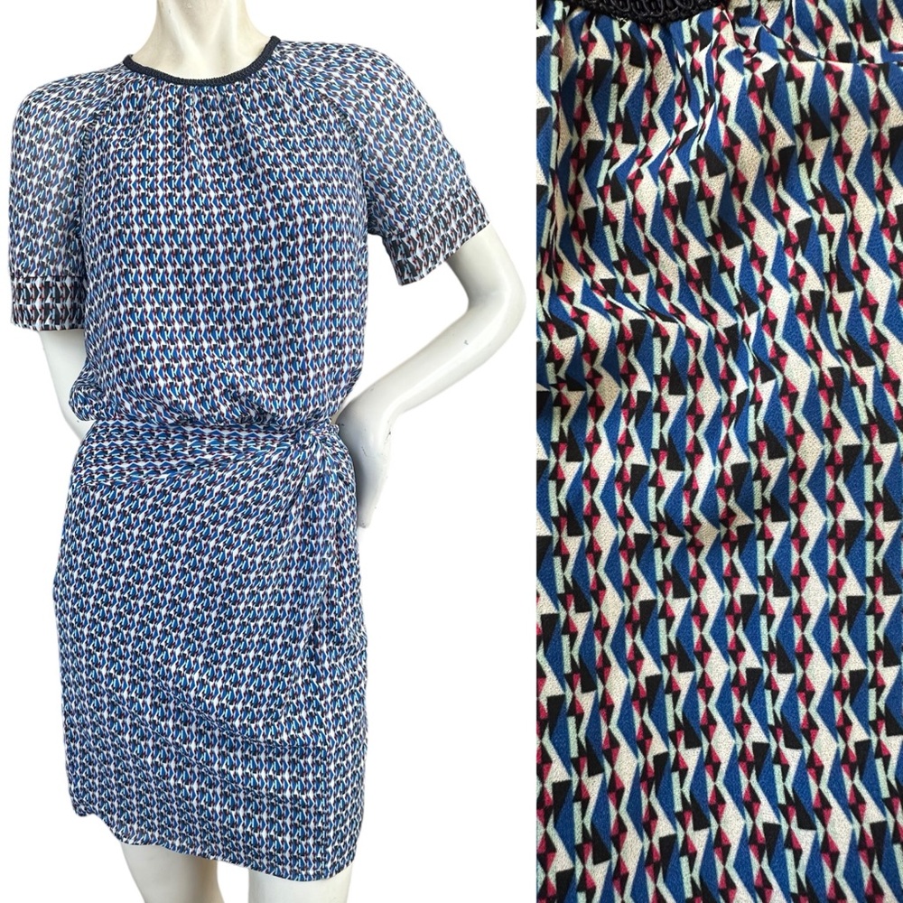 Reiss "Heidi" Diamond Print Blue Multi Dress Faux Wrap Twist Waist Size 0